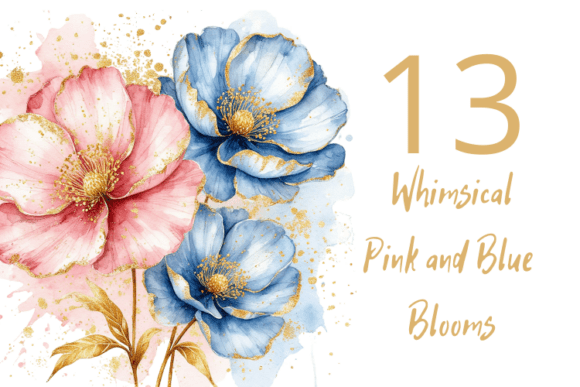 Elegant Watercolor Pink Blue Flowers Clipart Set for Designers