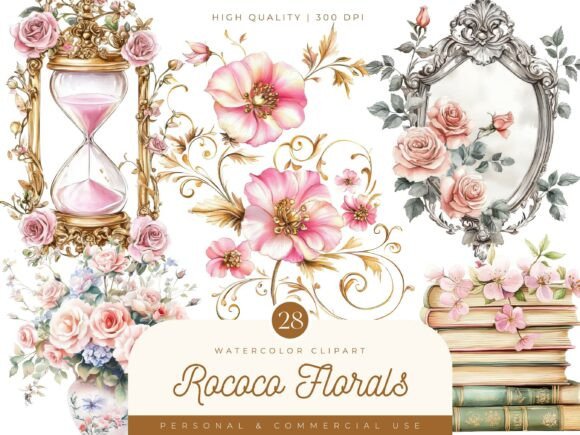 Elegant Watercolor Rococo Florals Clipart for Designers