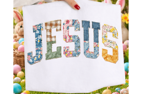 Elevate Your Design with the Jesus Faux Patchwork Varsity PNG