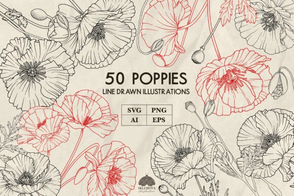 Poppies Line Art Collection: Versatile SVG, PNG & EPS Files