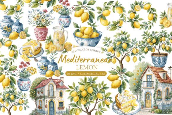 Watercolor Amalfi Lemon Clipart Bundle