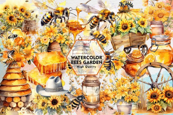 Watercolor Bees Garden Clipart PNG: Design Applications