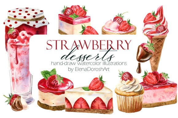 Watercolor Strawberry Desserts ClipArt for Sweet Design Projects