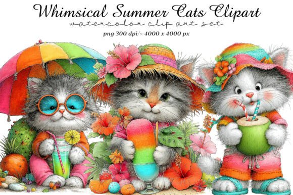 Whimsical Summer Cats Clipart: Elevate Your Designs with Playful Charm